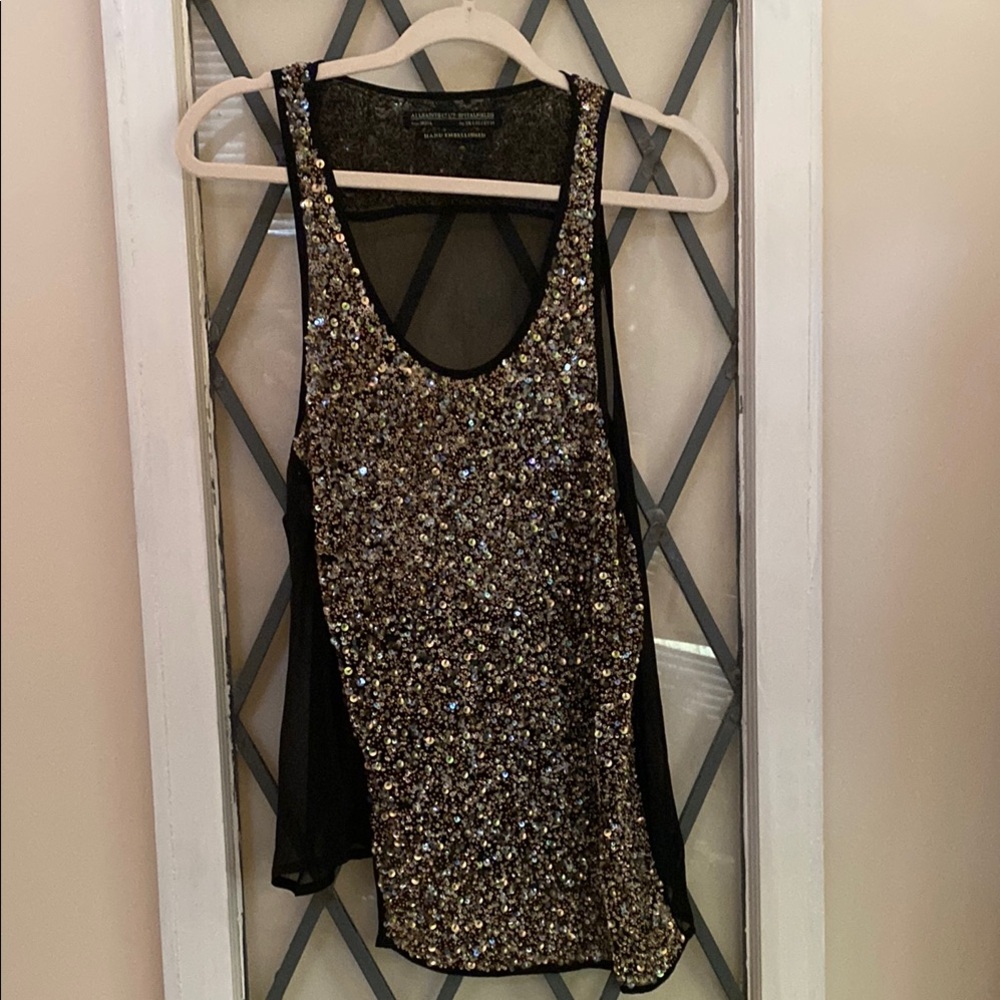 ALL SAINTS. Black and Gold Sequin Women's Top